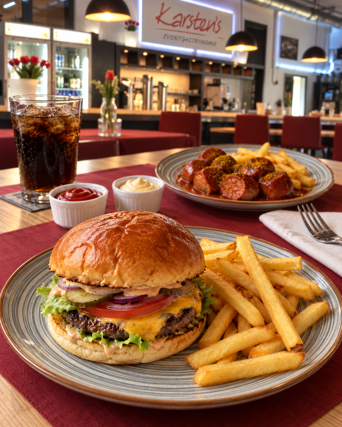 Cheeseburger mit Pommes, dazu Currywurst und ein kaltes Getränk