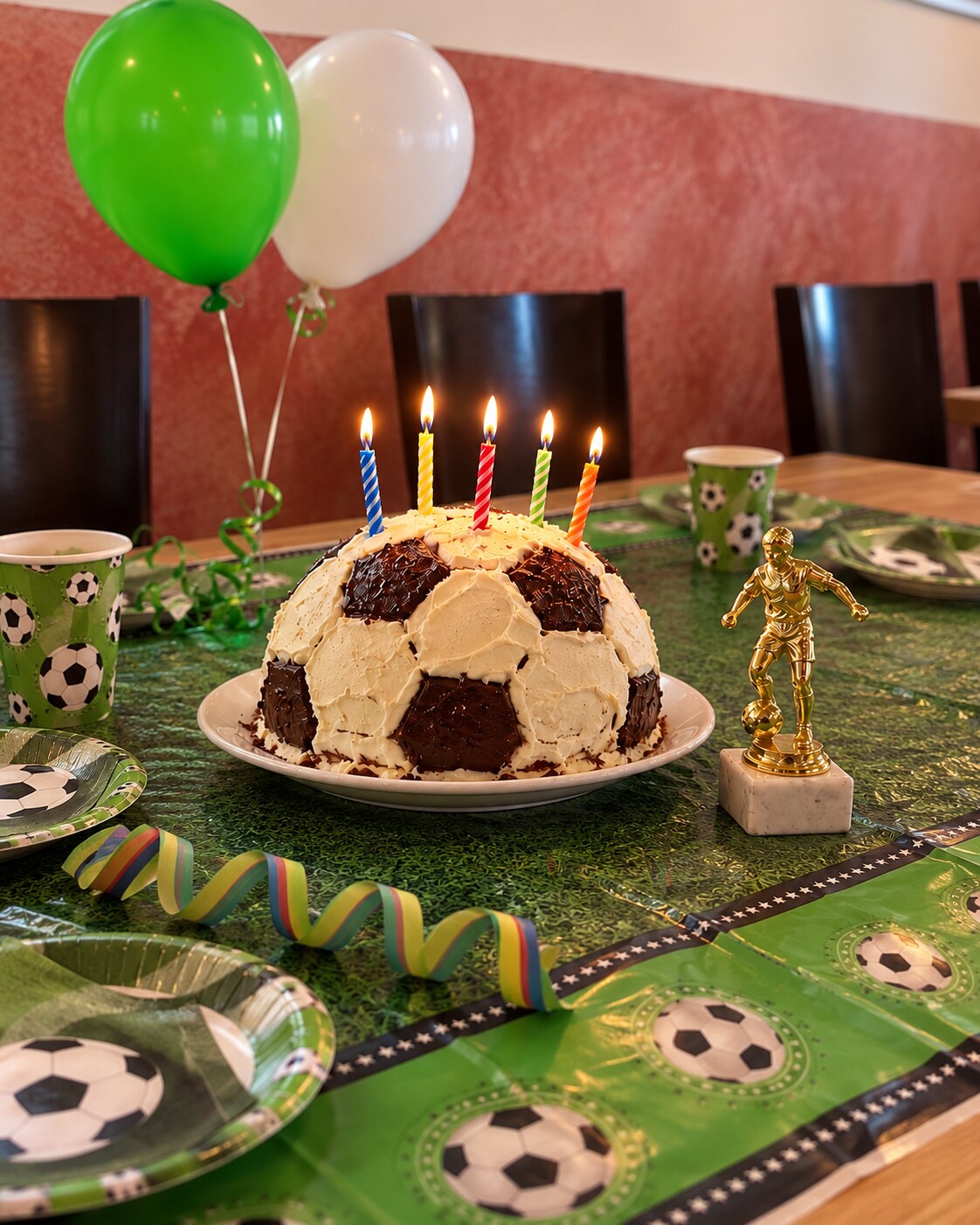 Geburtstagsmotiv mit Fußballtorte, Kerzen, Pokal und Ballons