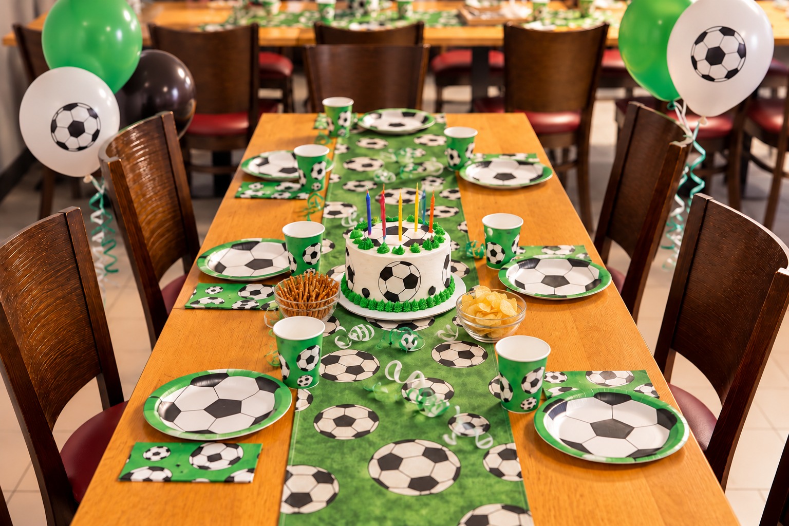 Festlich gedeckter Tisch für einen Fußball-Kindergeburtstag mit Torte und Ballons